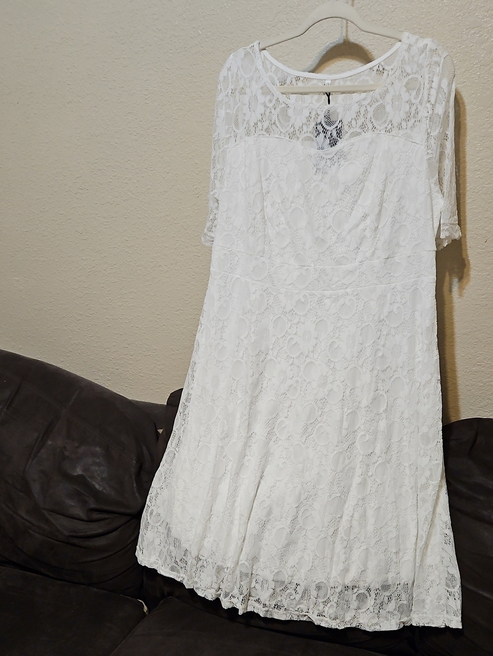 Pinup Couture White Lace Midi Dress with Scoop Neck and Short Sleeves